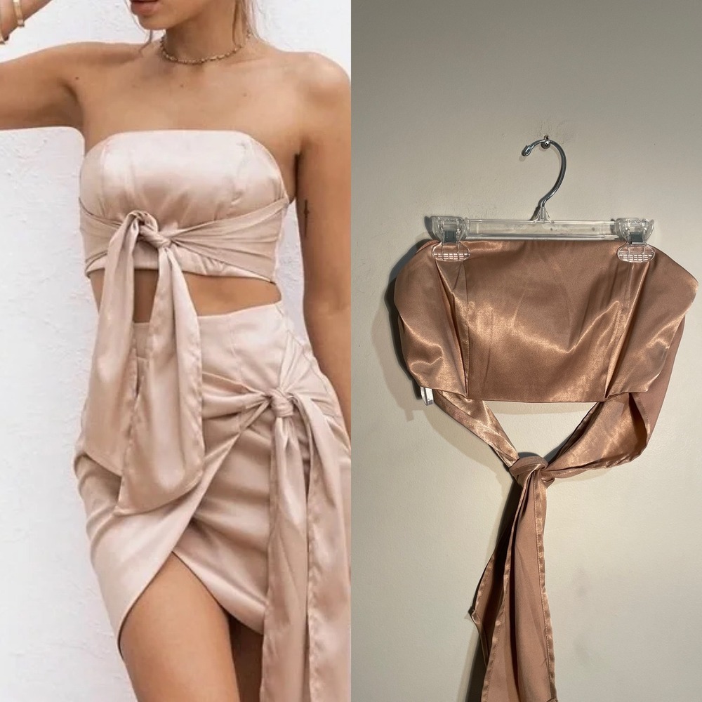 Sabo Skirt Satin Strapless Cropped Top with Bow Detail in Champagne Color